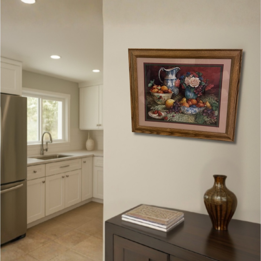 Framed Still Life Painting with Fruit and Flowers